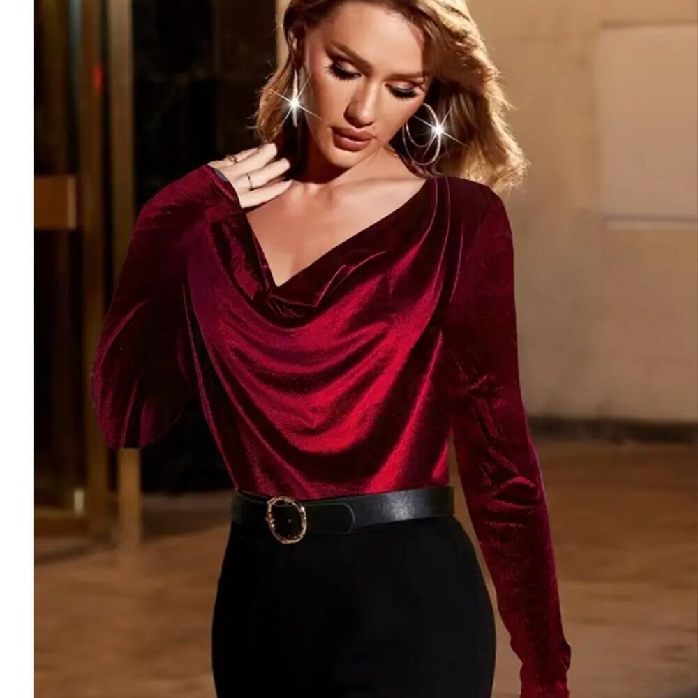Women's Solid Velvet Cowl Neck Long Sleeve Top in Burgundy Sizes M and L - Picture 5 of 5